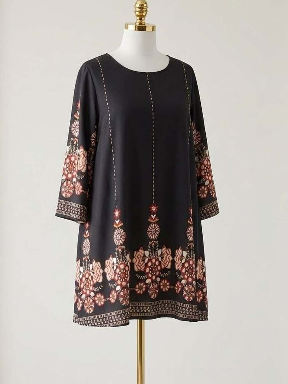 PLUS size 2XL Oversized  Black BOHO Floral Print Long Sleeve Dress Long Top